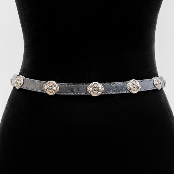 ABACO Paris Vintage Concho Silver Black Genuine Leather Belt S French Designer